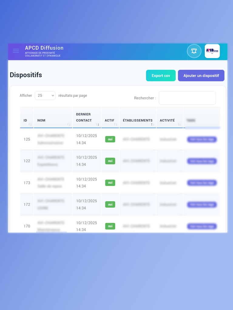 Interface APCD Diffusion - Vue Tablette
